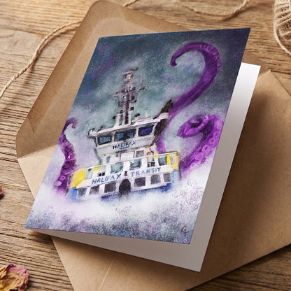 Halifax ferry kraken attack greeting card by Joy and Fury Art on a wooden table