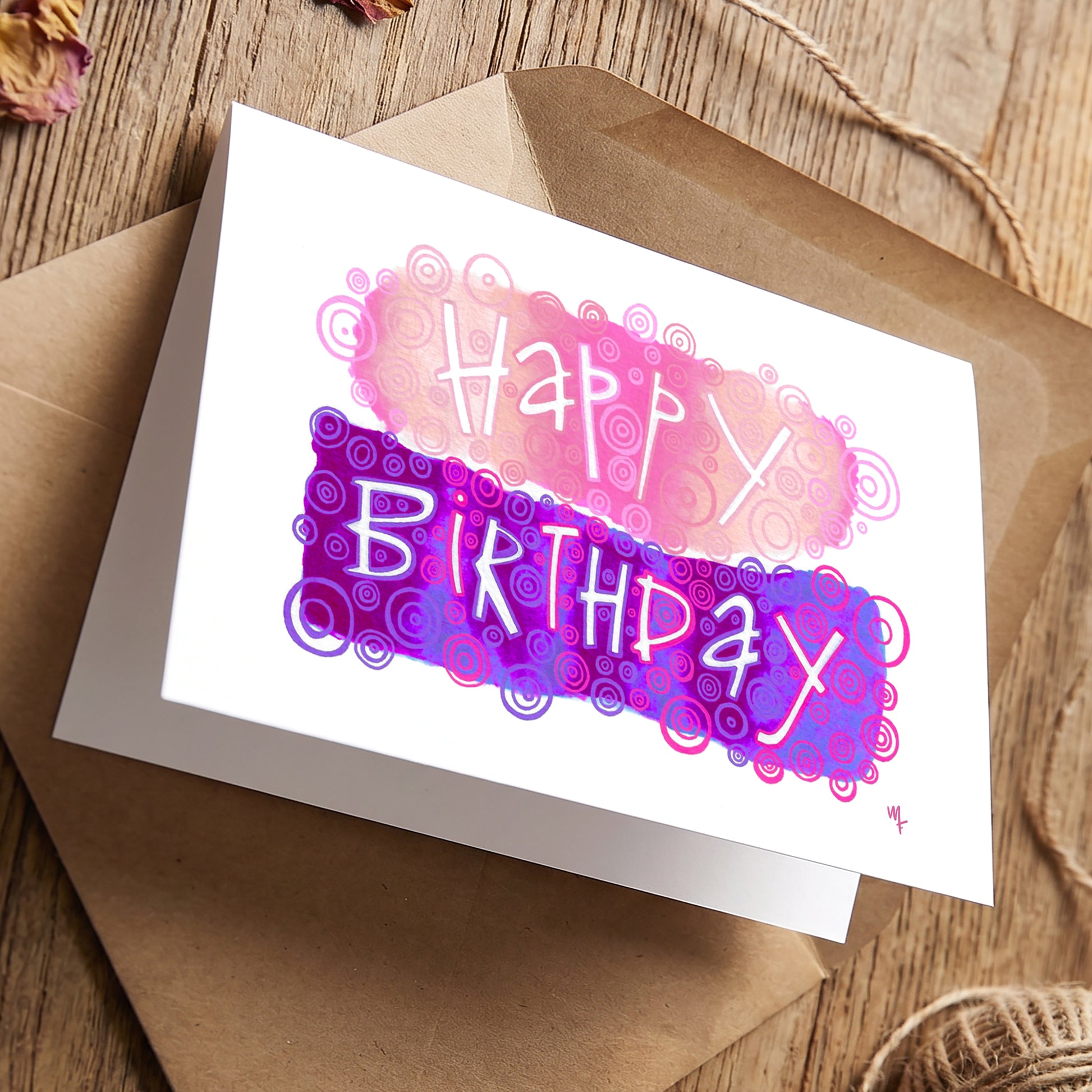 Happy Birthday Pink greeting card by Joy and Fury Art with envelope