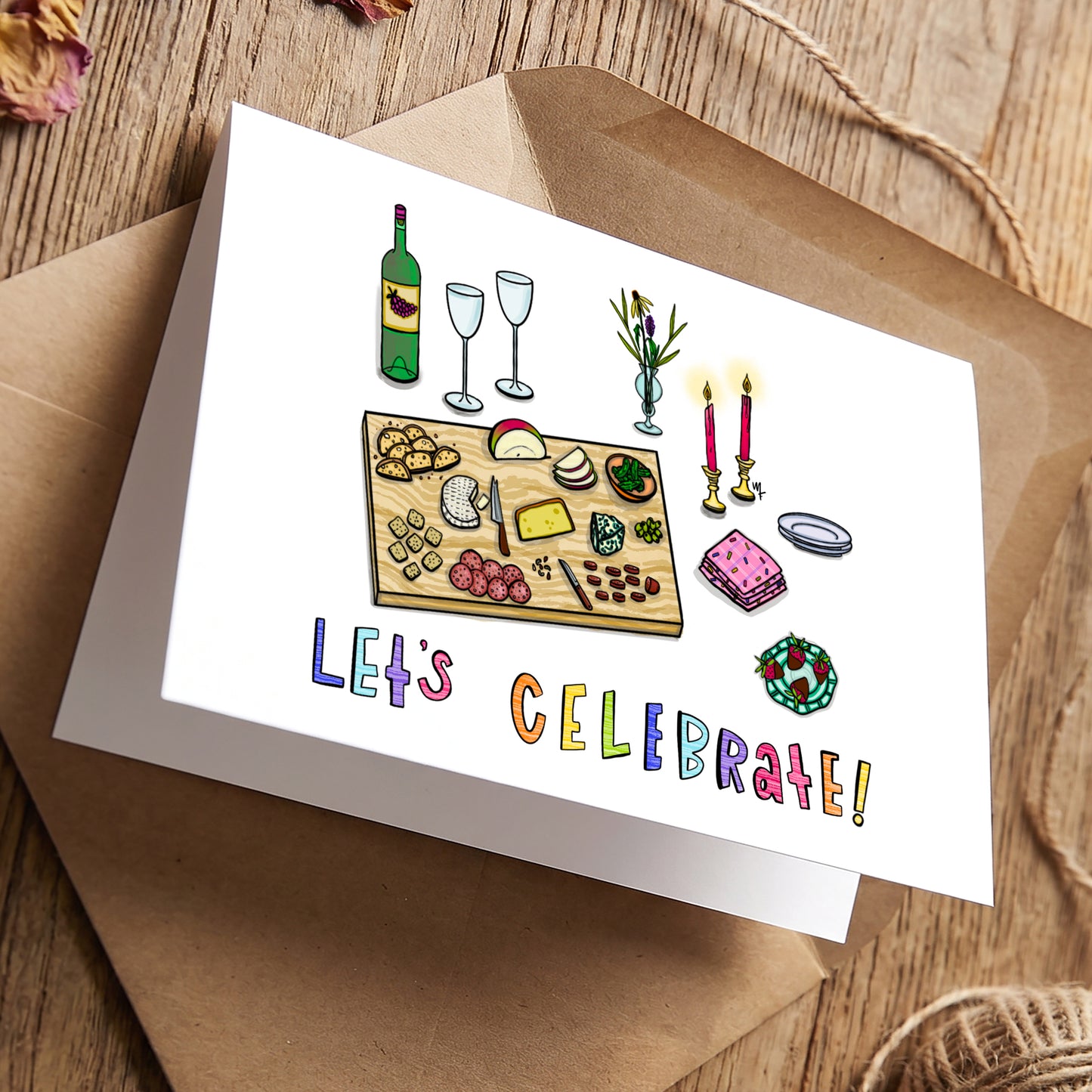 Let’s Celebrate Charcuterie greeting card by Joy and Fury Art with envelope