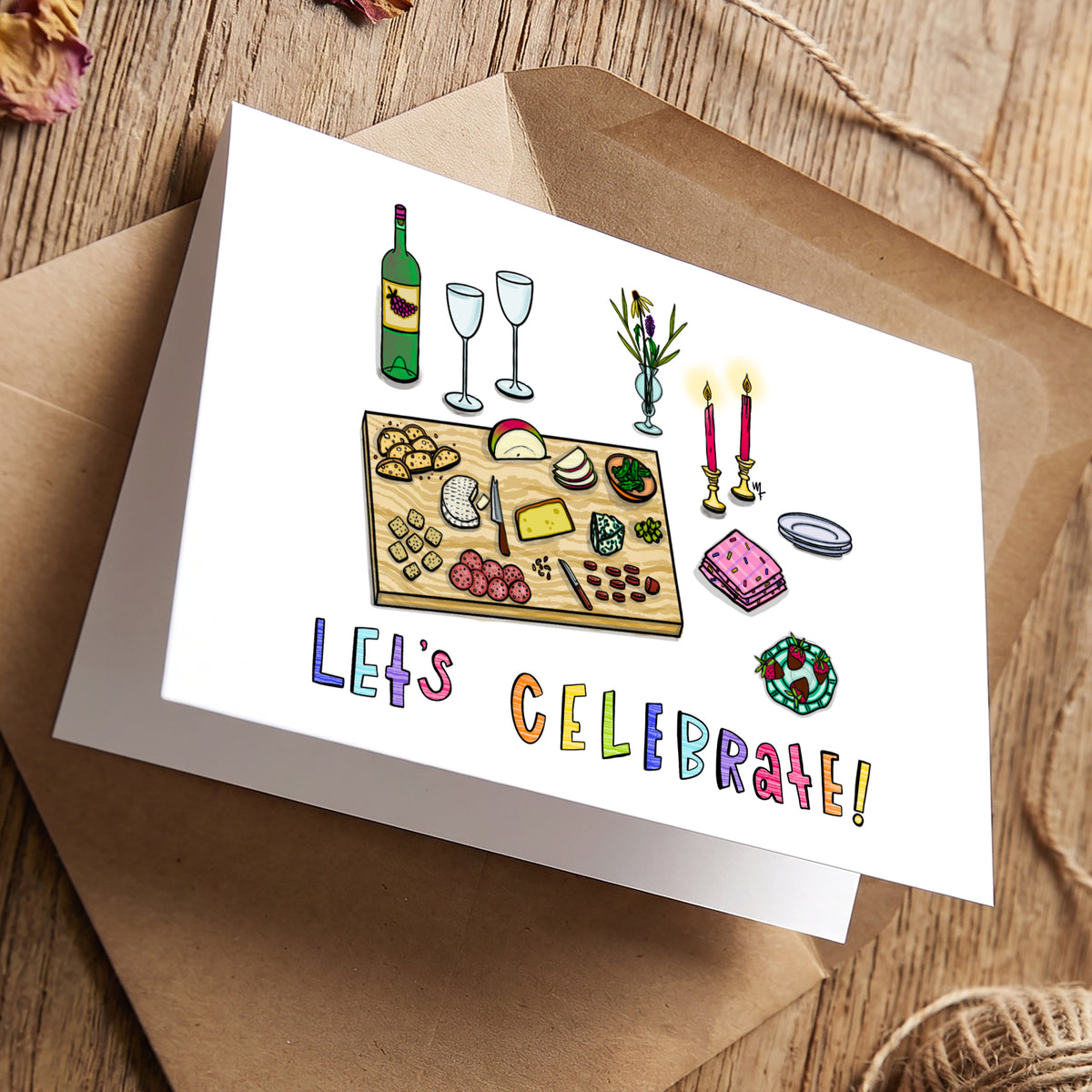 Let’s Celebrate Charcuterie greeting card by Joy and Fury Art with envelope