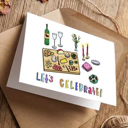 Let’s Celebrate Charcuterie greeting card by Joy and Fury Art with envelope