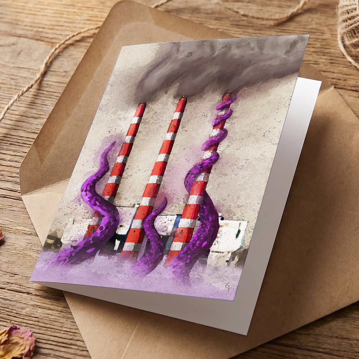 Attack On The Smokestacks greeting card by Joy and Fury Art with envelope