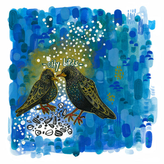 Illustration, Two starlings eating seeds