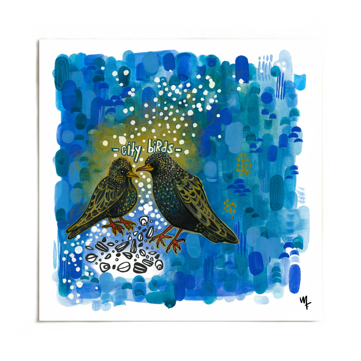 City Birds starlings art print by Joy and Fury Art