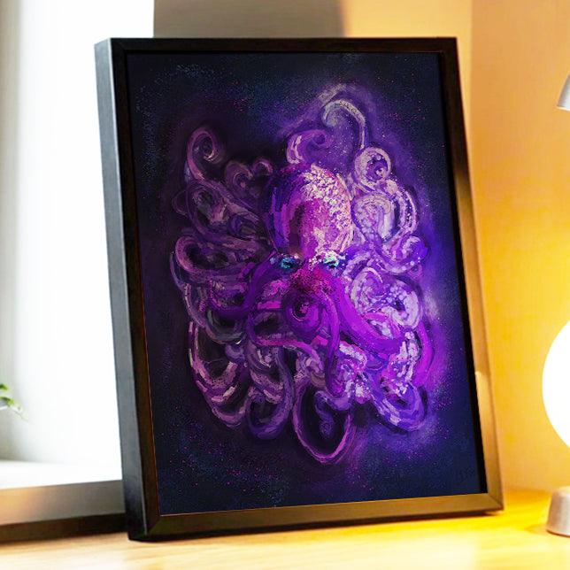 Framed purple octopus print by Joy and Fury Art on a wooden surface