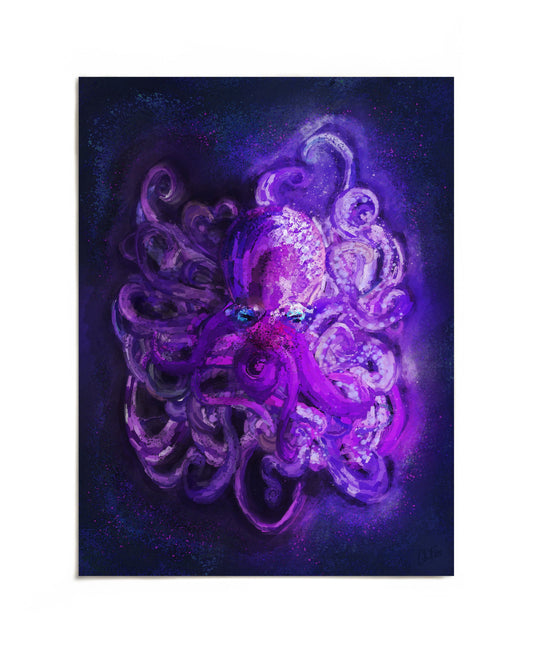 Purple cosmic octopus art print by Joy and Fury Art