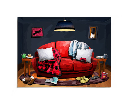 Cozy living room with red couch art print by Joy and Fury Art