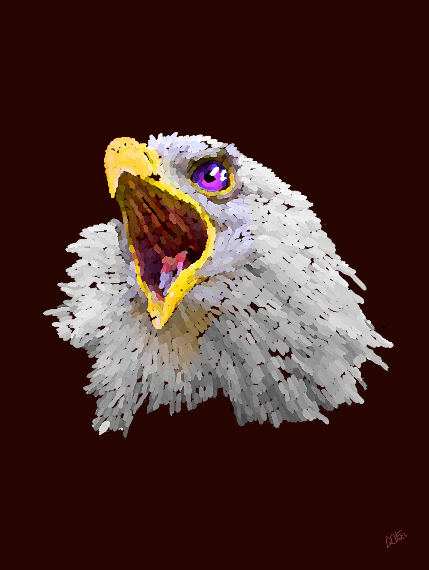 A stylized digital painting of a bald eagle's head in profile, with a white and gray feathered body, a yellow beak, and a purple eye, set against a solid dark brown background.