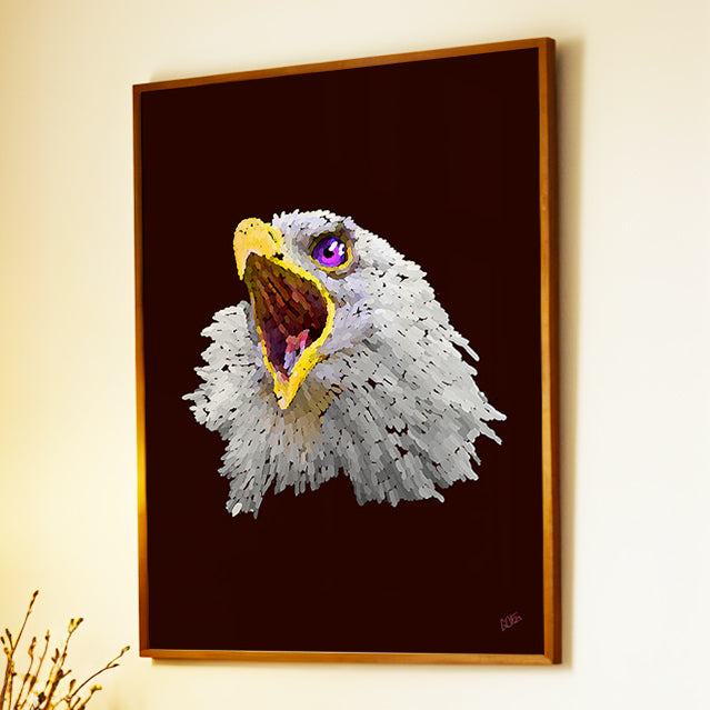 Framed screaming bald eagle print by Joy and Fury Art on a light wall