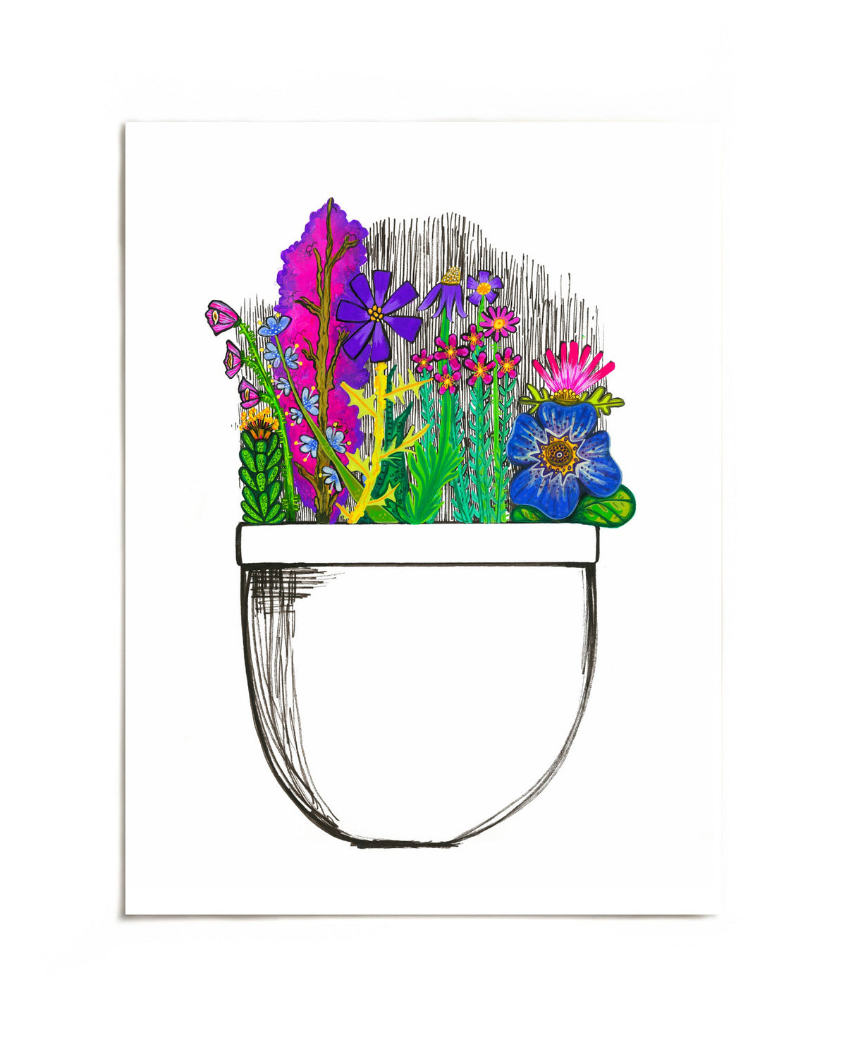 Colorful wildflowers in a white pot art print by Joy and Fury Art
