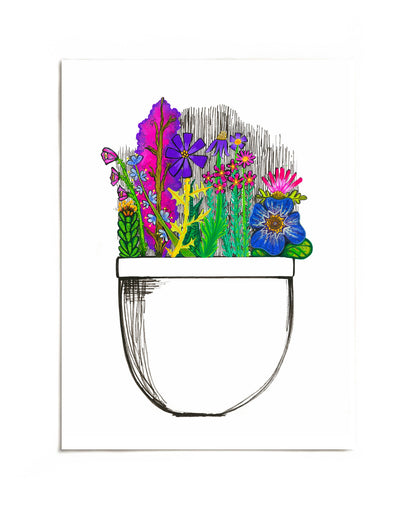 Colorful wildflowers in a white pot art print by Joy and Fury Art