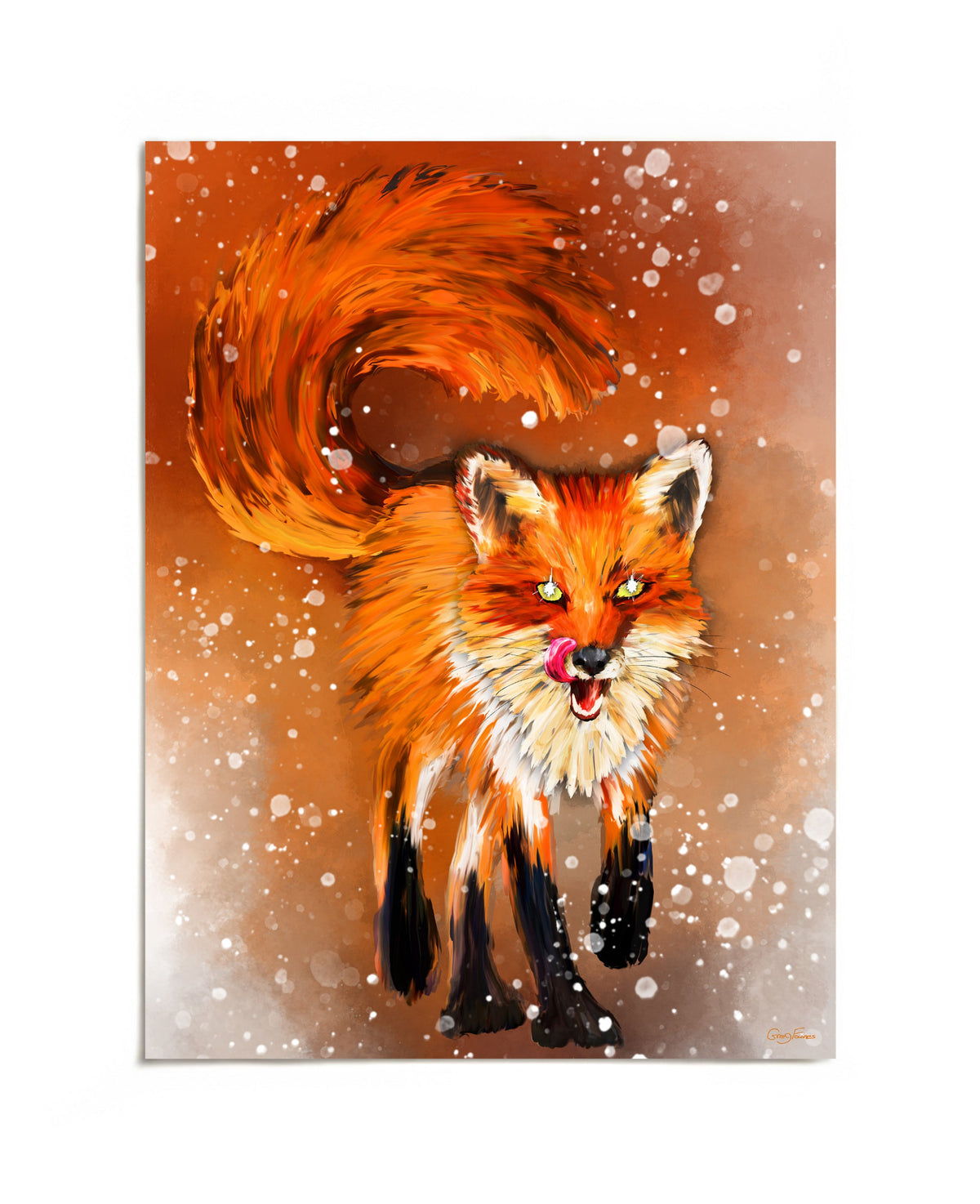 Red fox in falling snow art print by Joy and Fury Art