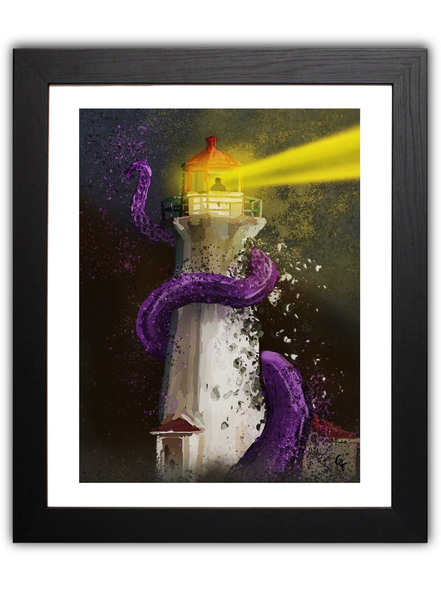 Lighthouse at night, purple tentacle wrapped around