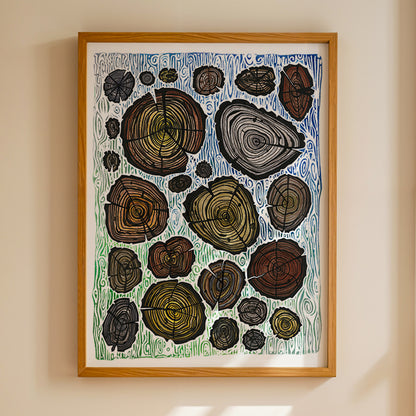 Framed tree rings art print by Joy and Fury Art on a beige wall