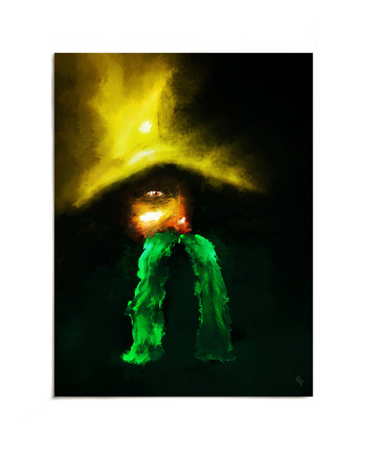 Figure with yellow hat and green mustache art print by Joy and Fury Art
