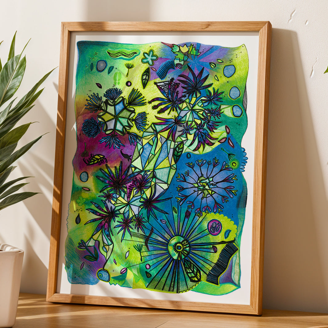Framed abstract botanical Grow print by Joy and Fury Art on a wooden surface