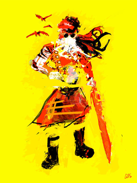 Abstract man with sword in kilt on yellow background