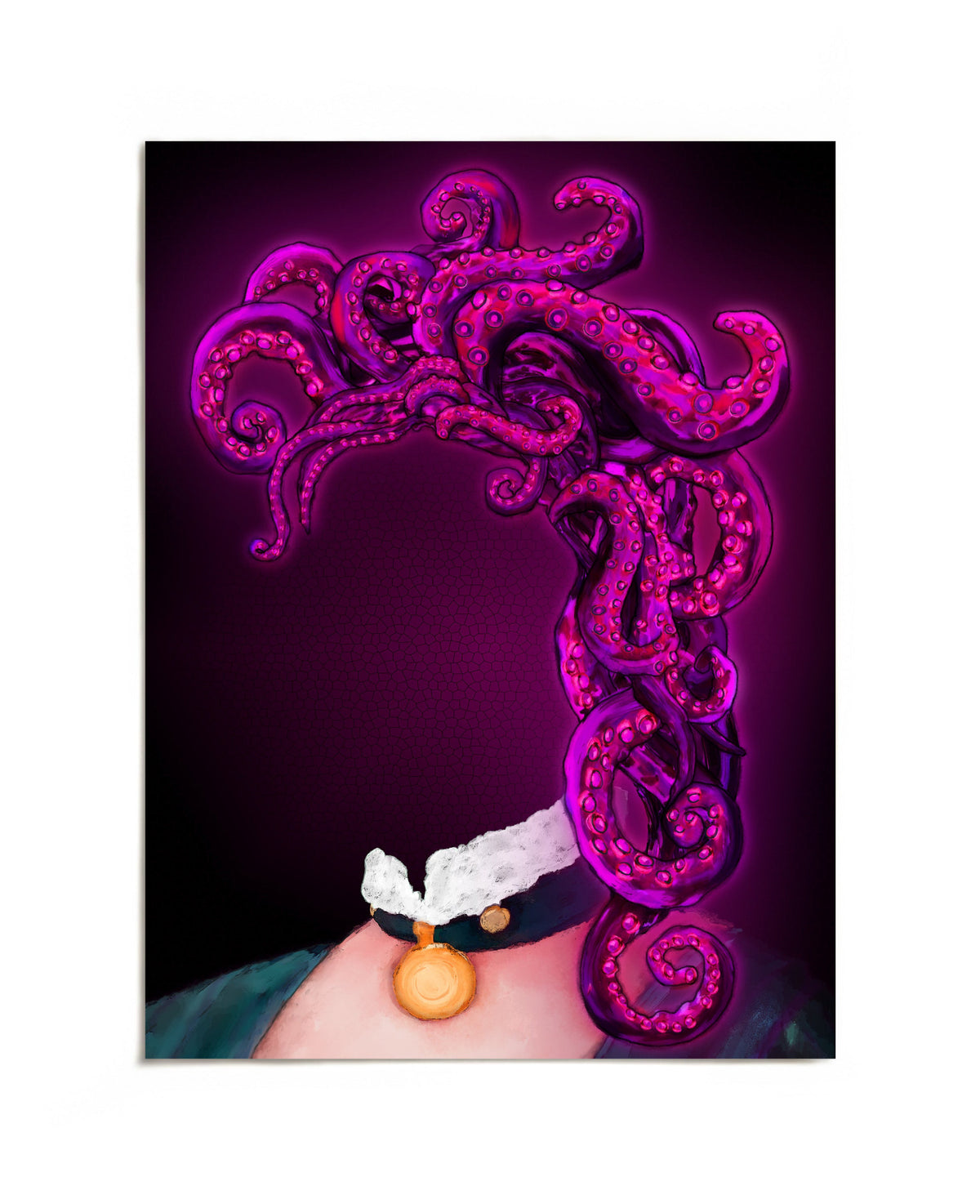 Portrait with magenta octopus tentacle hair art print by Joy and Fury Art