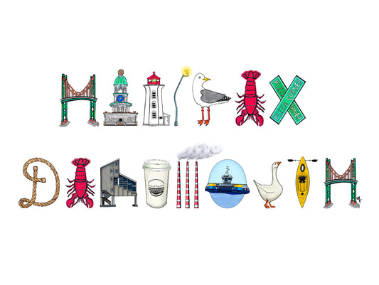 Halifax and Dartmouth spelled with local icons