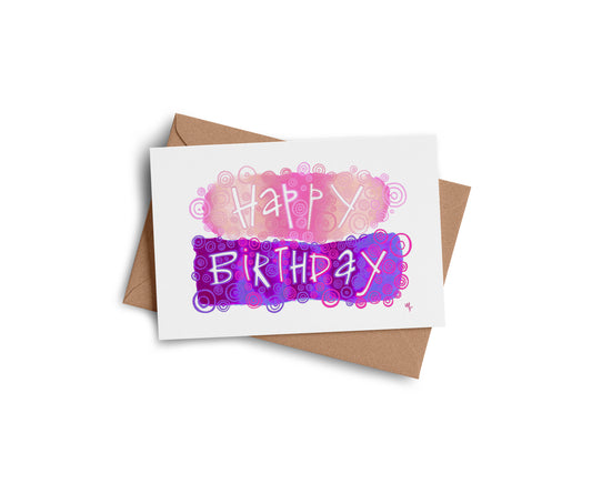 Happy Birthday pink greeting card by Joy and Fury Art