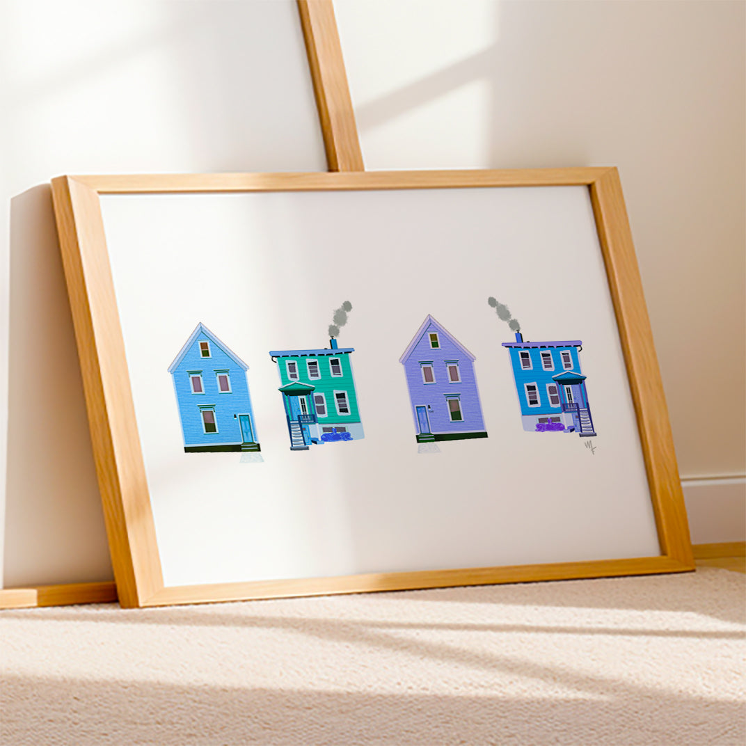 Framed Blue Happy Homes print by Joy and Fury Art
