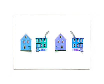 Blue Happy Homes colorful row houses art print by Joy and Fury Art