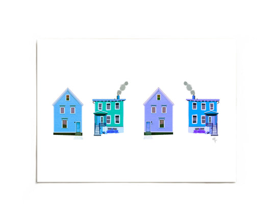 Blue Happy Homes colorful row houses art print by Joy and Fury Art