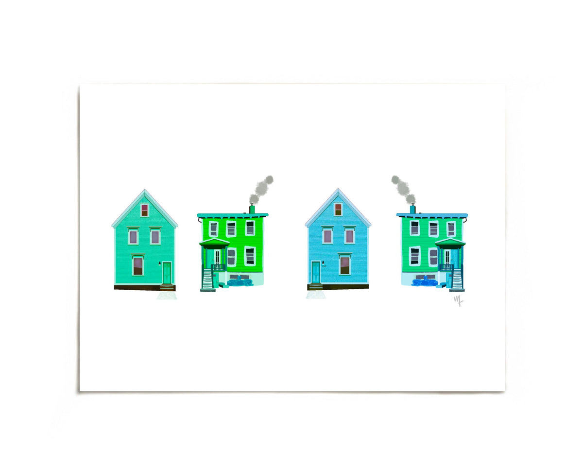 Green Happy Homes colorful row houses art print by Joy and Fury Art