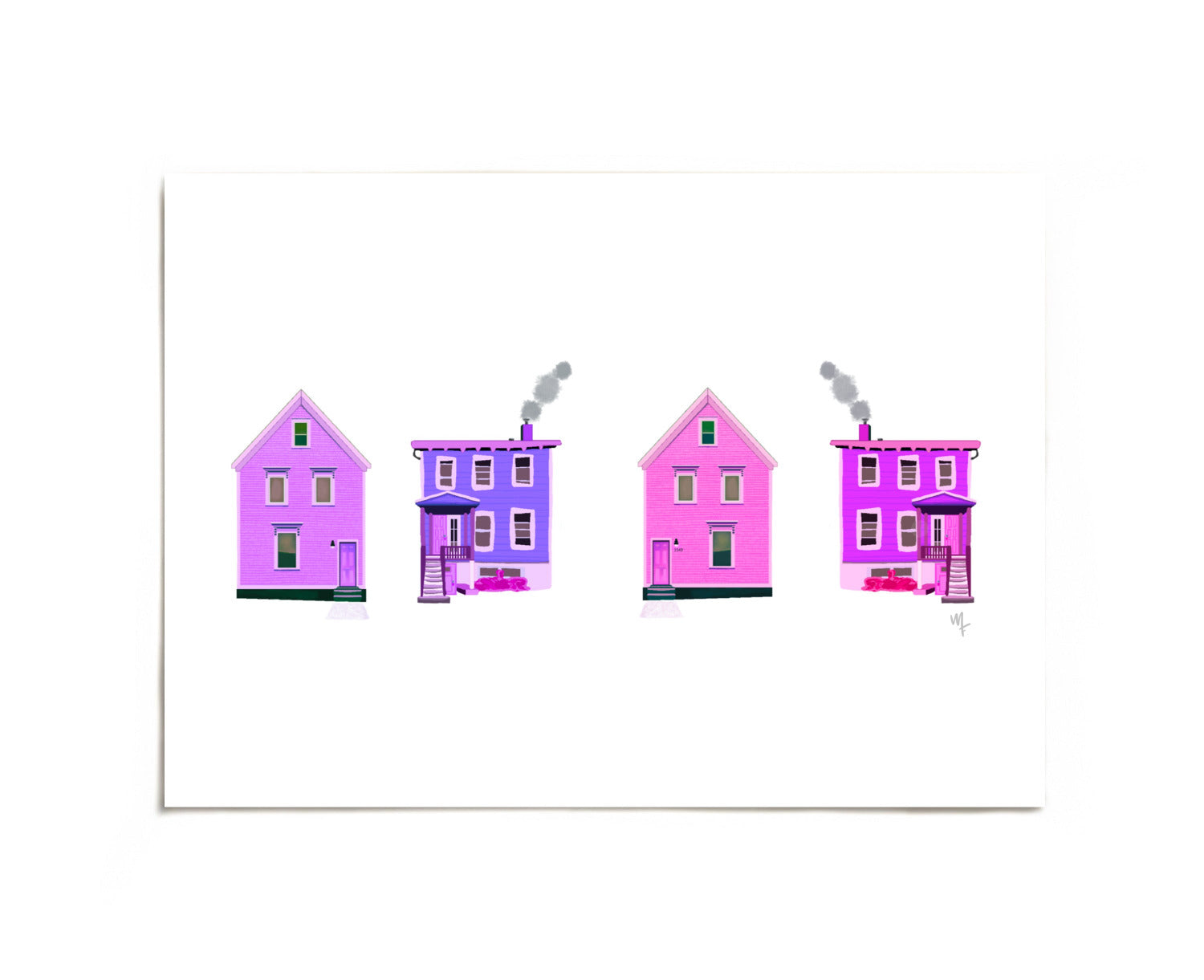 Purple Happy Homes colorful row houses art print by Joy and Fury Art