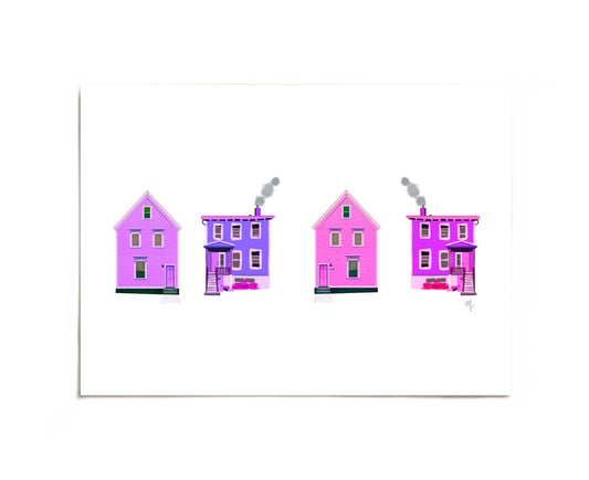 Purple Happy Homes colorful row houses art print by Joy and Fury Art