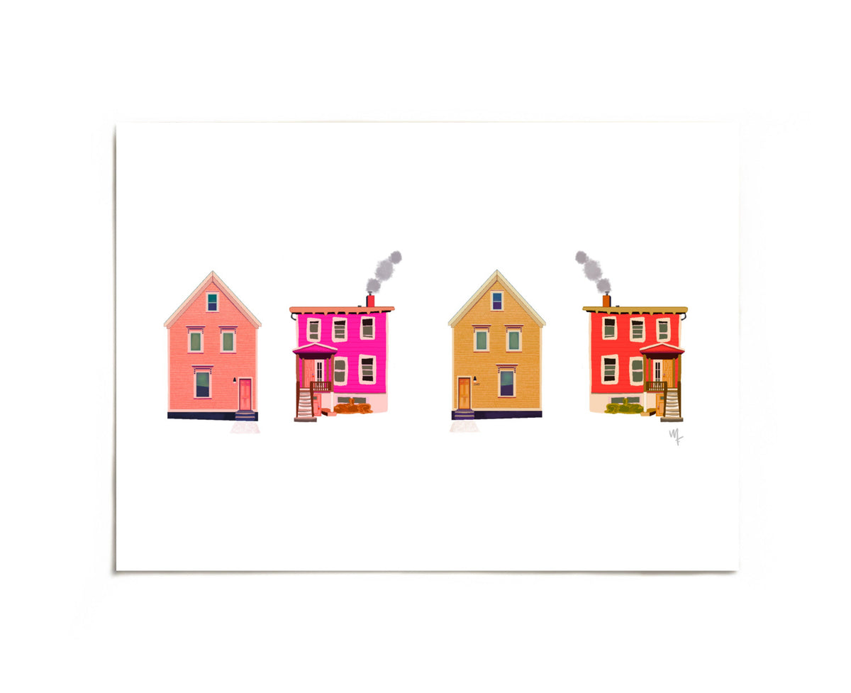 Red Happy Homes colorful row houses art print by Joy and Fury Art