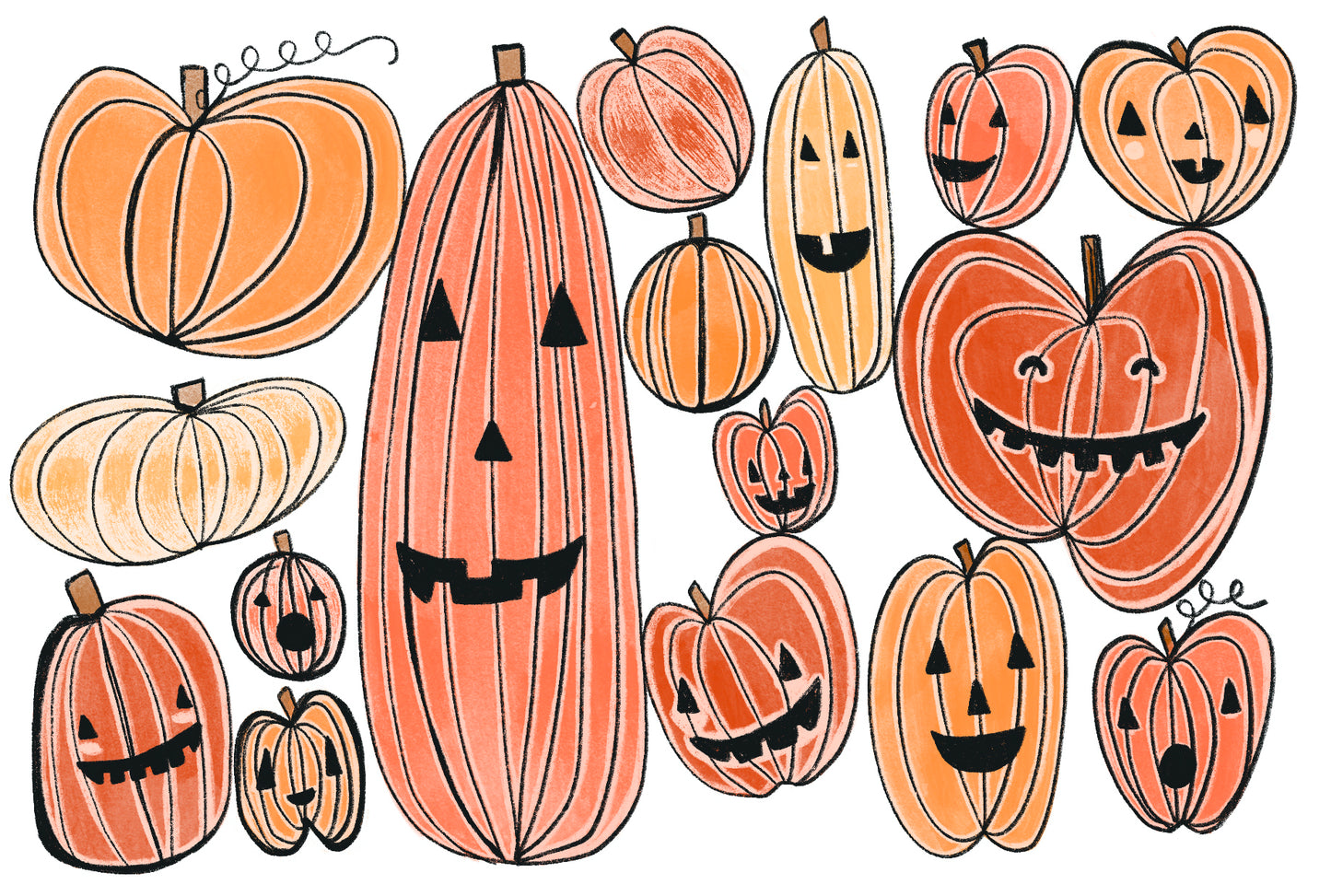 Illustrated cartoony jack-o’-lantern’s and pumpkins are drawn in a topsy-turvy stack on a white background.