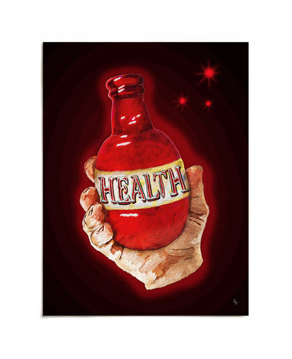 Hand holding glowing Health potion bottle art print by Joy and Fury Art