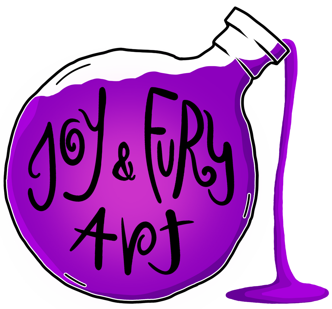Joy & Fury Art logo with whimsical black lettering inside a pink and purple paint bottle, outlined in white, with purple paint spilling beside it.