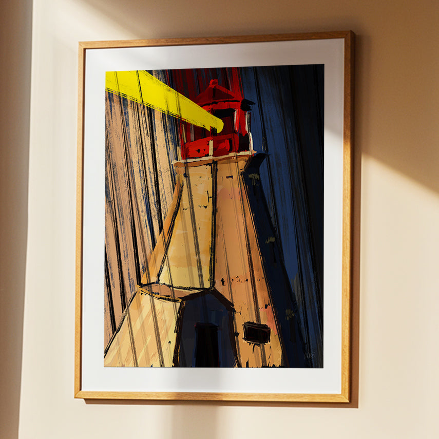 Framed lighthouse in rain print by Joy and Fury Art on a beige wall