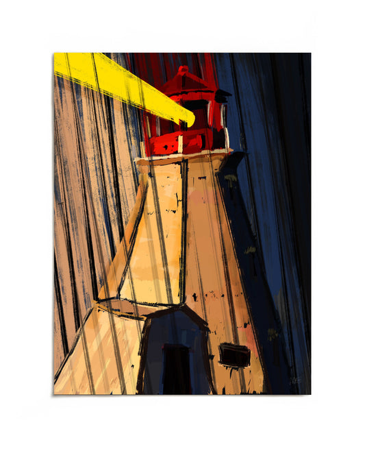Lighthouse in the rain with yellow light beam art print by Joy and Fury Art