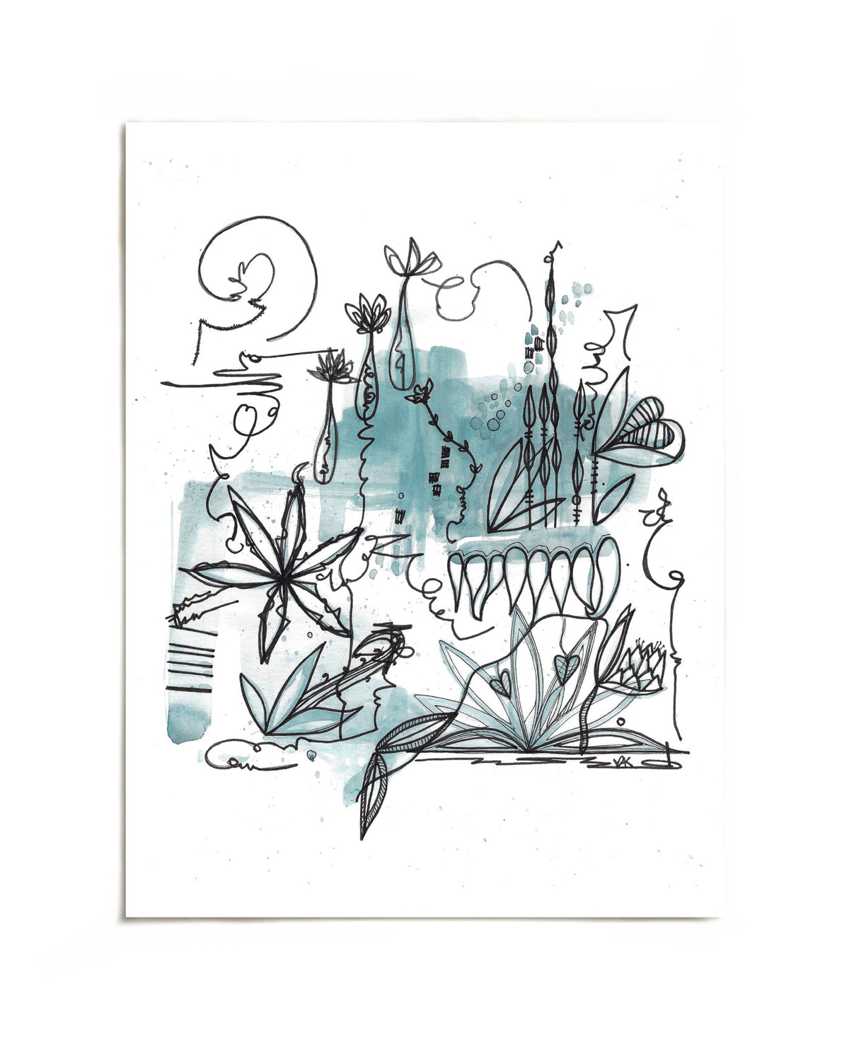 Abstract botanical line drawing with teal wash art print by Joy and Fury Art