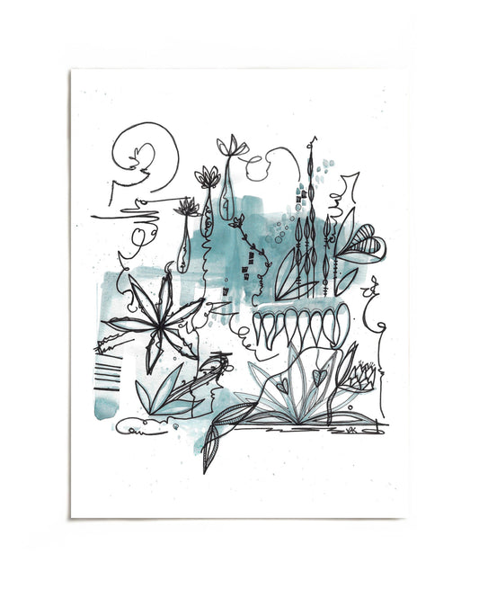 Abstract botanical line drawing with teal wash art print by Joy and Fury Art