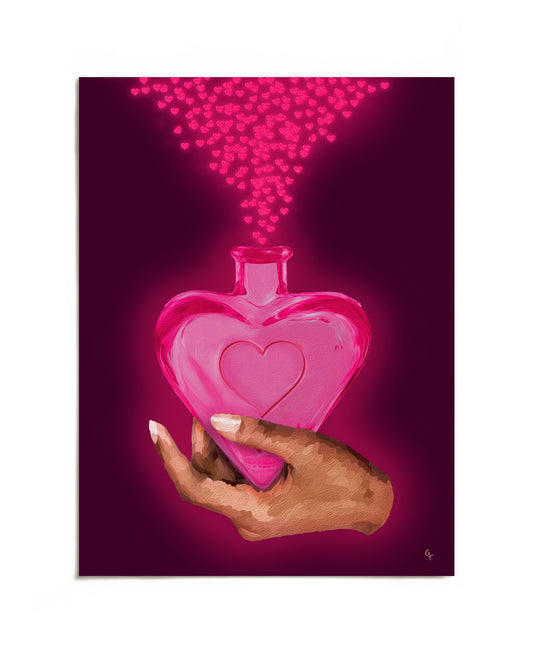 Hand holding glowing heart-shaped Love potion bottle art print by Joy and Fury Art