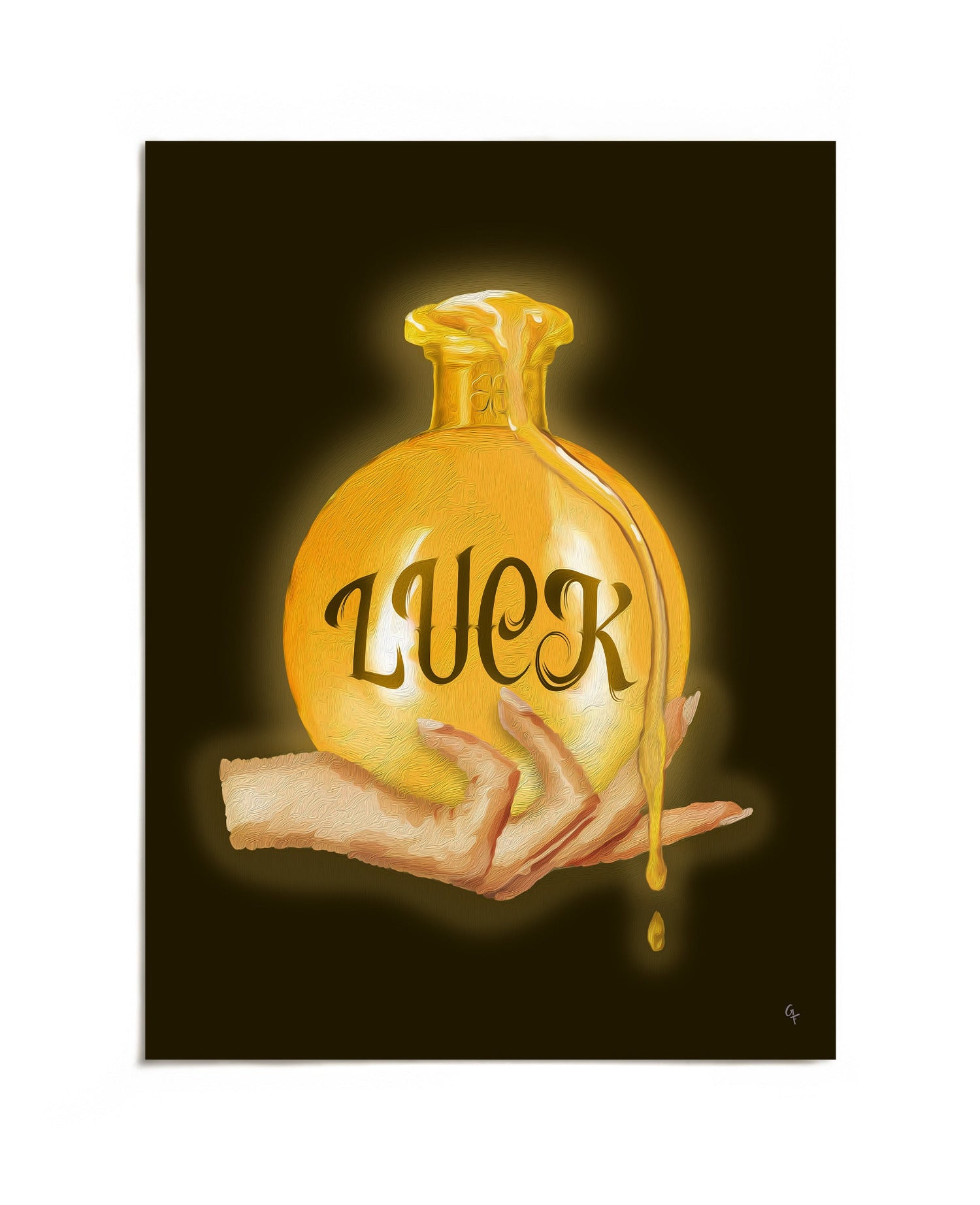 Hand holding glowing Luck potion bottle art print by Joy and Fury Art