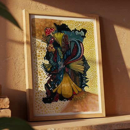 Framed Magic mushroom and ginkgo print by Joy and Fury Art against a terracotta wall