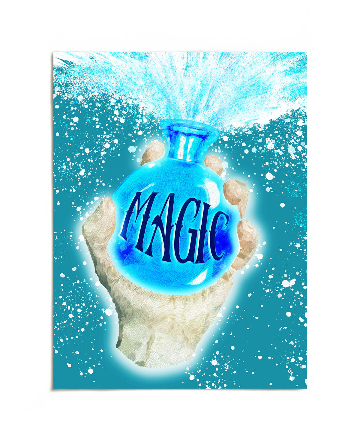 Hand holding Magic potion bottle art print by Joy and Fury Art