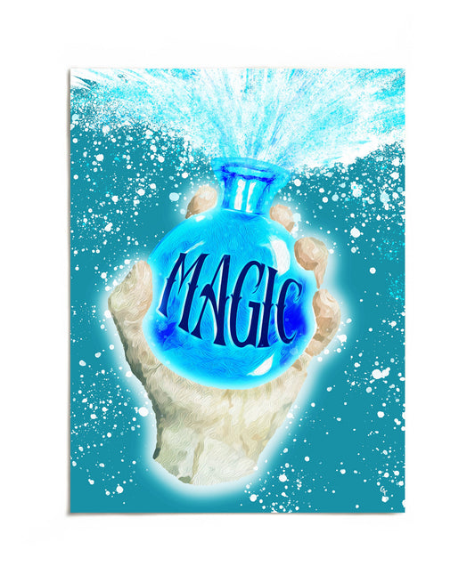 Hand holding Magic potion bottle art print by Joy and Fury Art