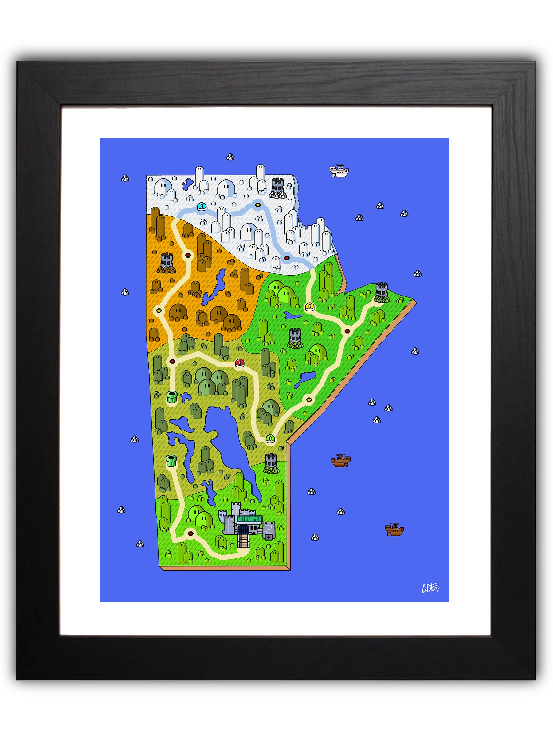 Manitoba map with videogame icons