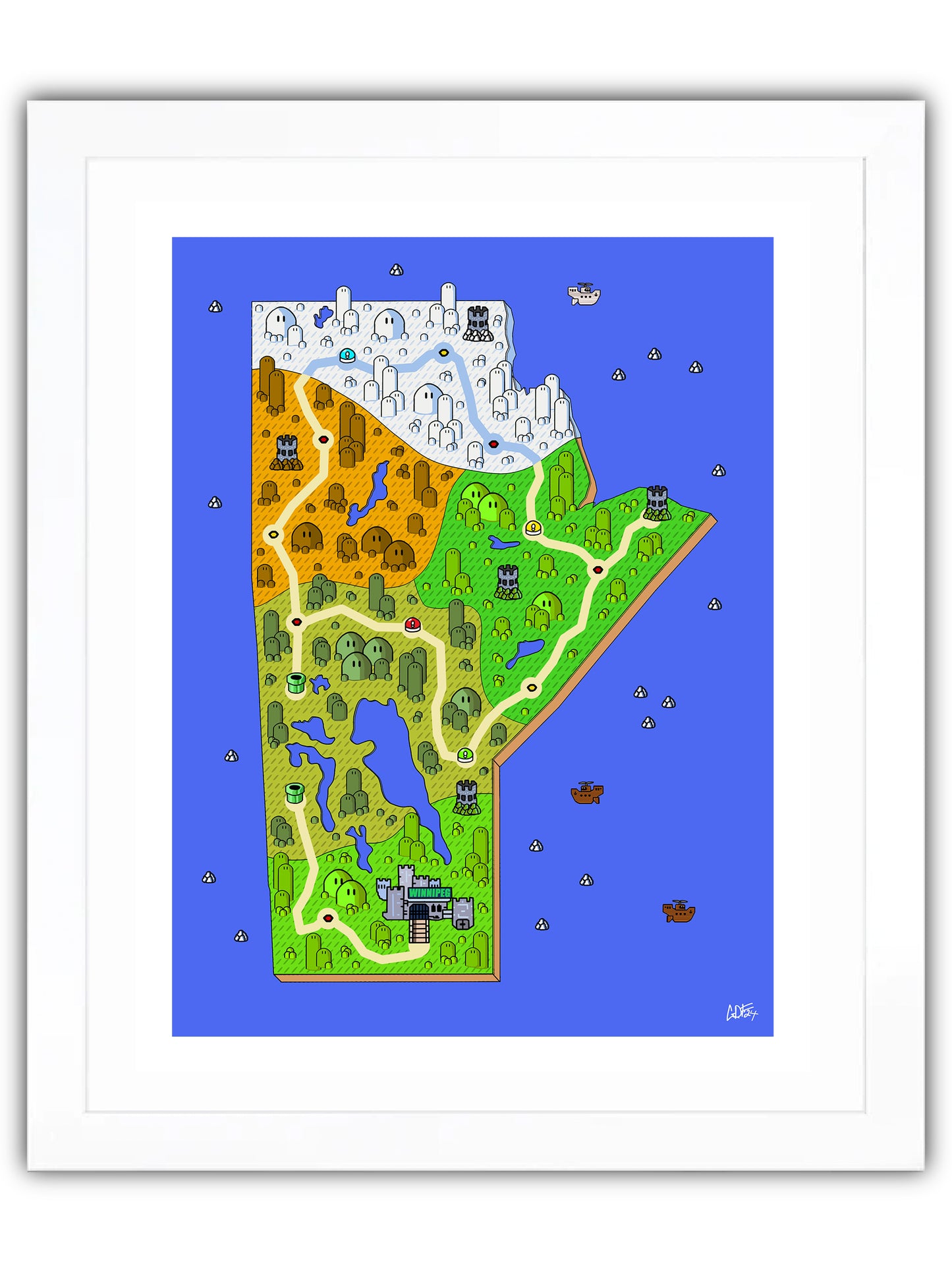 Manitoba map with videogame icons