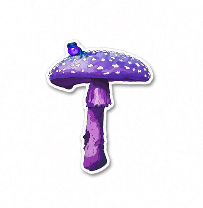 Mushroom Moonrise purple mushroom with blue frog vinyl sticker by Joy and Fury Art
