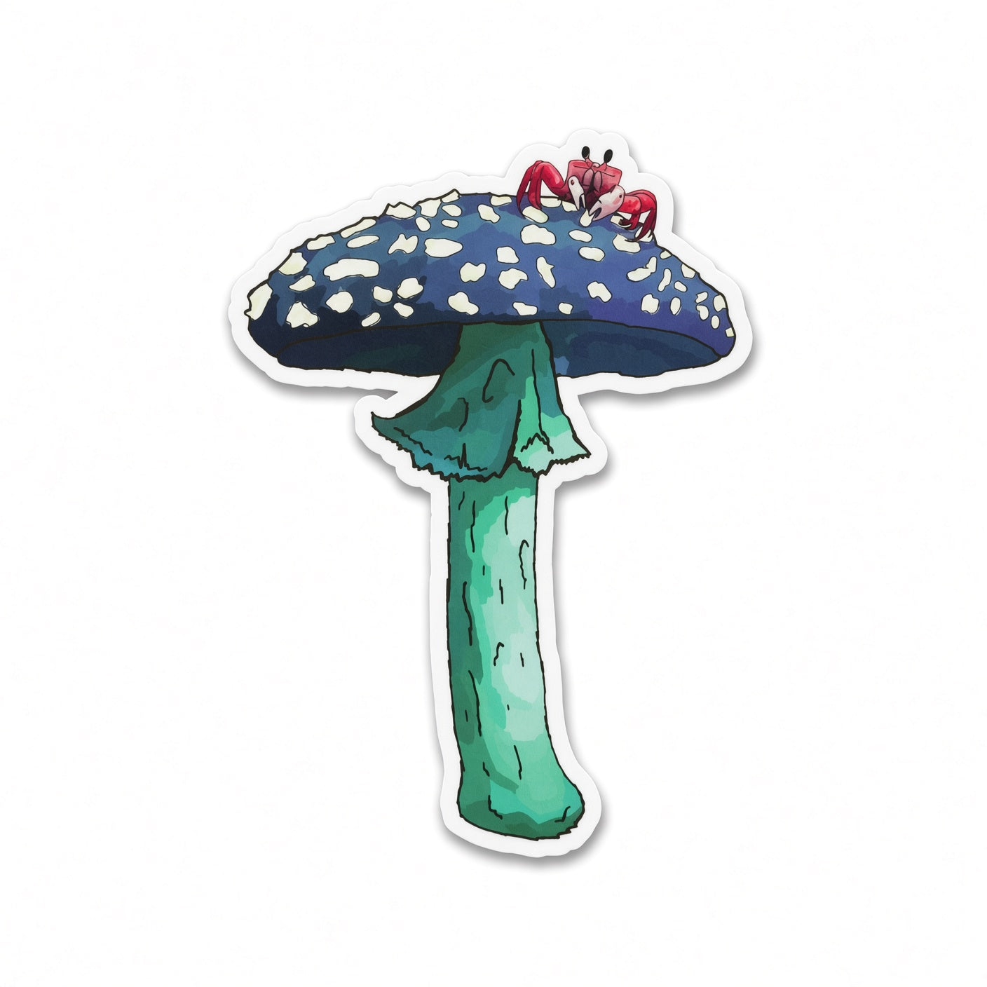 Crab on blue spotted mushroom vinyl sticker by Joy and Fury Art