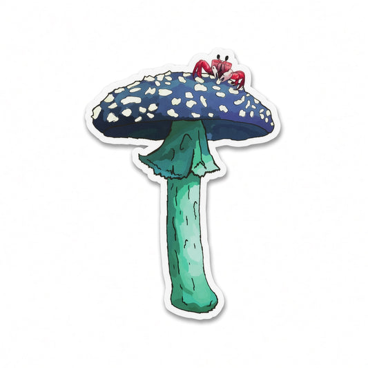 Crab on blue spotted mushroom vinyl sticker by Joy and Fury Art