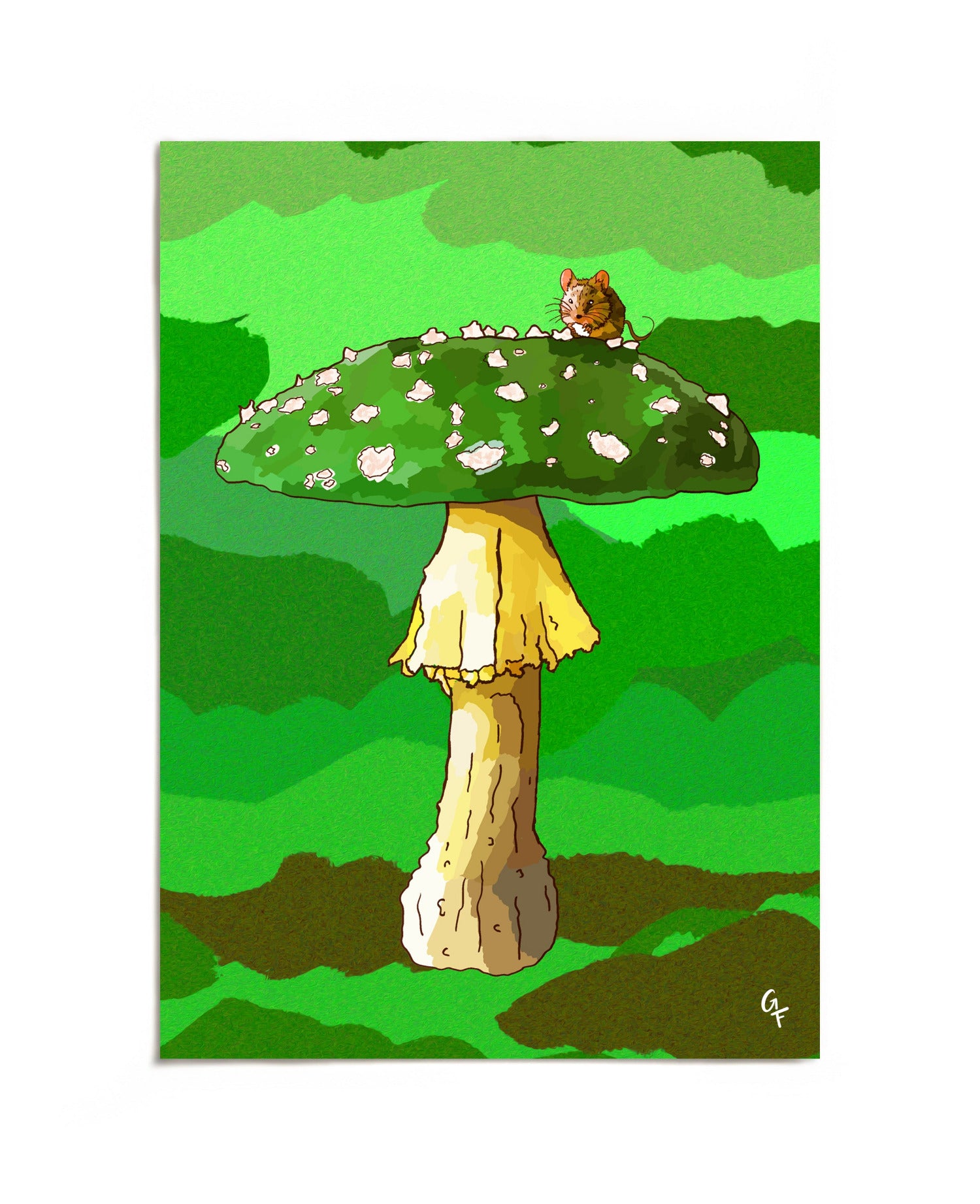 Mouse on green mushroom art print by Joy and Fury Art