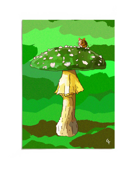 Mouse on green mushroom art print by Joy and Fury Art
